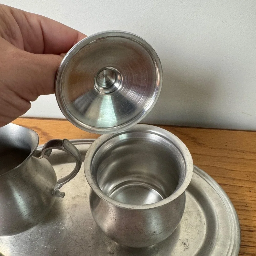 Web Pewter‎ Early American Creamer Sugar Bowl and Oval Tray Set 3 Piece Vintage